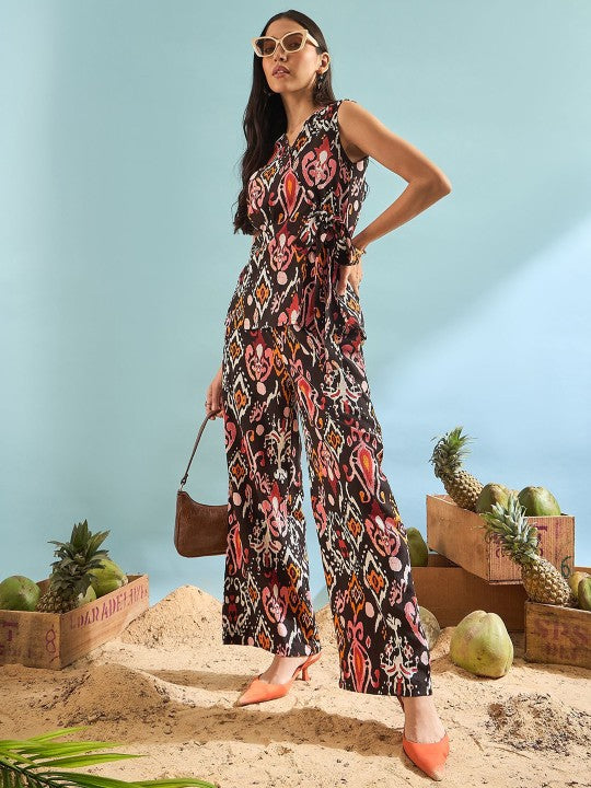 Women Brown Printed Sleeveless Top With Trousers Co-Ords Set Indo-Western Outfit VitansEthnics