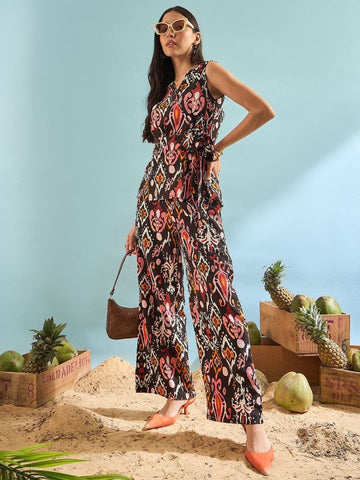 Women Brown Printed Sleeveless Top With Trousers Co-Ords Set Indo-Western Outfit VitansEthnics