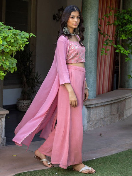 Women Embroidered Crop Top With Shrug & Palazzos Indo Western Fusion Outfit VitansEthnics