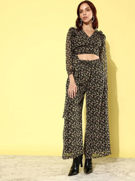 Women Black & Peach Printed V-Neck Ruffled Crop Top With Flared Palazzos Co-ords Set VitansEthnics