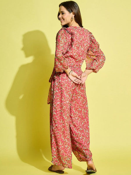 Women Pink & Beige Printed Top With Palazzos Co-ords Set VitansEthnics