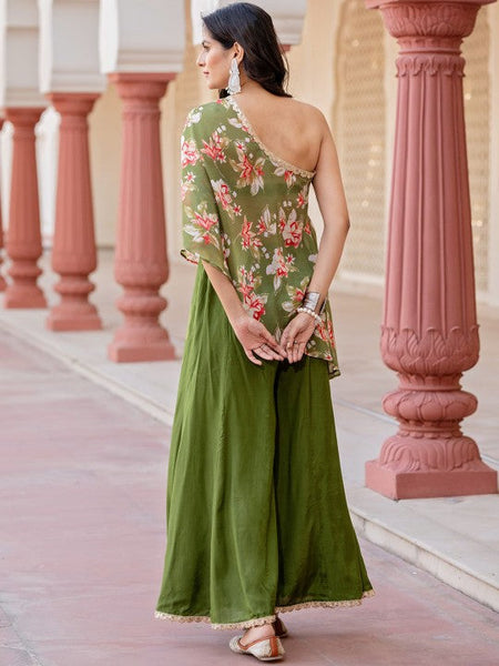Women Floral Printed One Shoulder Top With Palazzo Indo Western Fusion Outfit VitansEthnics
