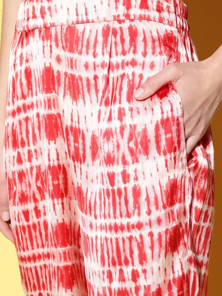 Women Red & White Tie & Dye Printed Satin Top With Palazzos Co-Ords Set VitansEthnics