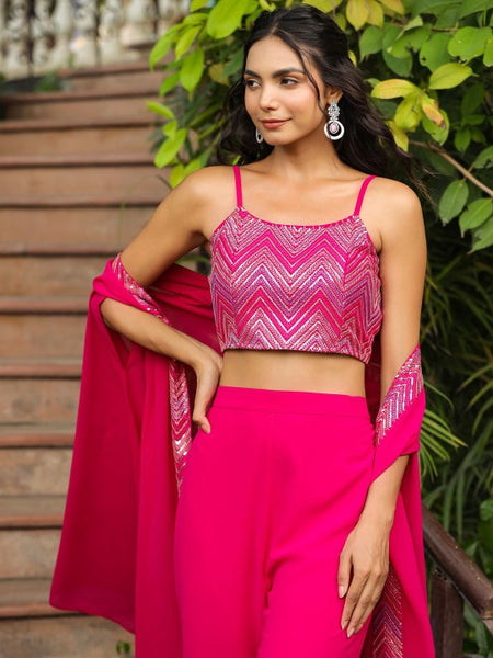 Women Embroidered Top With Trousers & Cape Co-Ords Set Indo Western Fusion Outfit VitansEthnics