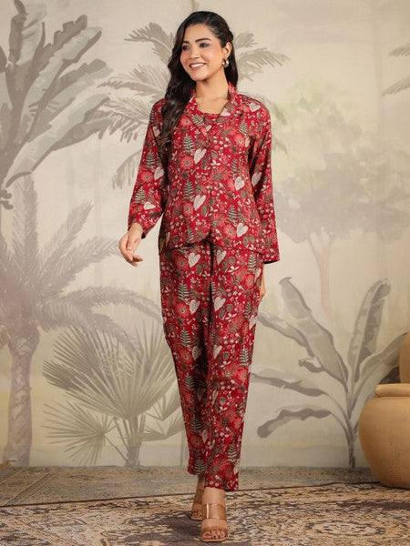Women Floral Printed Scoop Neck Crop Top, Jacket With Trousers Co-Ords Set Indo Western Fusion Outfit VitansEthnics