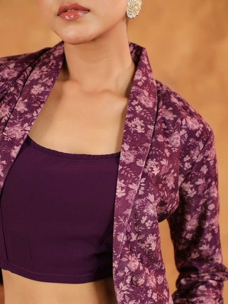 Women Floral Printed Scoop Neck Crop Top, Jacket With Trousers Co-Ords Set Indo Western Fusion Outfit VitansEthnics