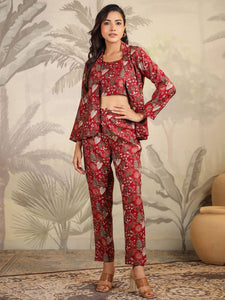 Women Floral Printed Scoop Neck Crop Top, Jacket With Trousers Co-Ords Set Indo Western Fusion Outfit VitansEthnics