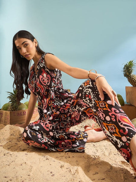 Women Brown Printed Sleeveless Top With Trousers Co-Ords Set Indo-Western Outfit VitansEthnics