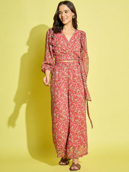 Women Pink & Beige Printed Top With Palazzos Co-ords Set VitansEthnics