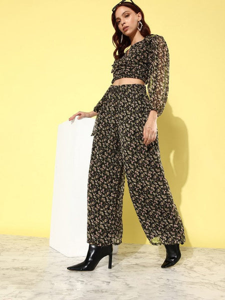 Women Black & Peach Printed V-Neck Ruffled Crop Top With Flared Palazzos Co-ords Set VitansEthnics
