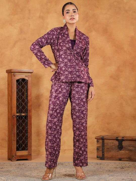 Women Floral Printed Scoop Neck Crop Top, Jacket With Trousers Co-Ords Set Indo Western Fusion Outfit VitansEthnics