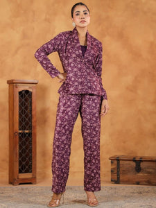 Women Floral Printed Scoop Neck Crop Top, Jacket With Trousers Co-Ords Set Indo Western Fusion Outfit VitansEthnics