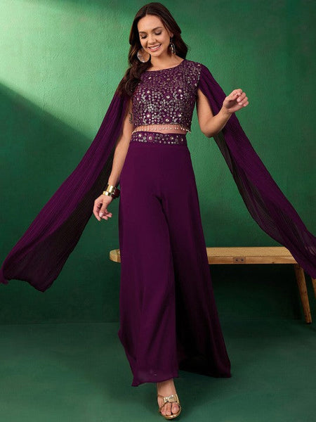 Women Floral Embroidered Sequined Crop Top With Palazzo Indo Western Fusion Outfit VitansEthnics