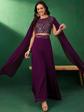 Women Floral Embroidered Sequined Crop Top With Palazzo Indo Western Fusion Outfit VitansEthnics