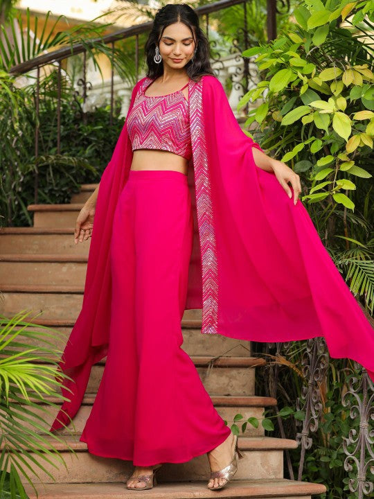 Women Embroidered Top With Trousers & Cape Co-Ords Set Indo Western Fusion Outfit VitansEthnics