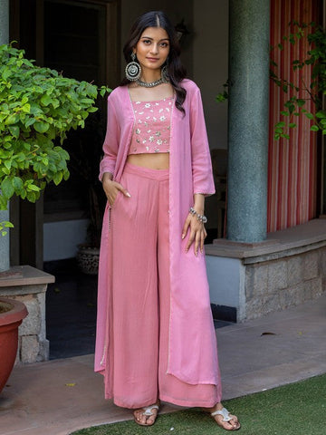 Women Embroidered Crop Top With Shrug & Palazzos Indo Western Fusion Outfit VitansEthnics