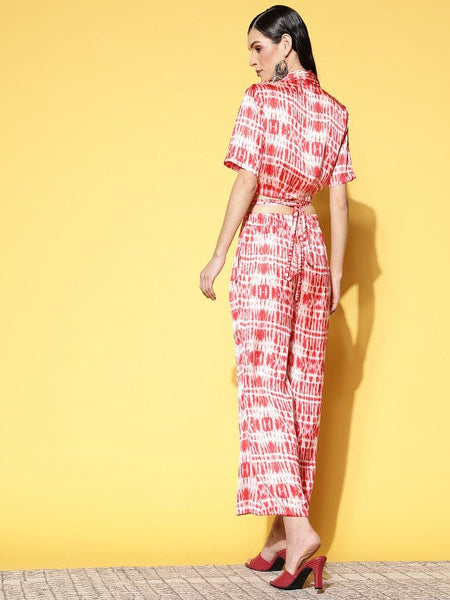 Women Red & White Tie & Dye Printed Satin Top With Palazzos Co-Ords Set VitansEthnics