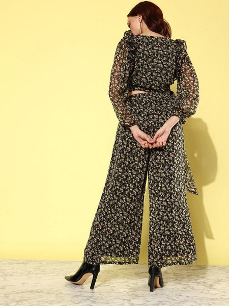 Women Black & Peach Printed V-Neck Ruffled Crop Top With Flared Palazzos Co-ords Set VitansEthnics