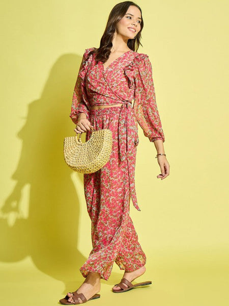 Women Pink & Beige Printed Top With Palazzos Co-ords Set VitansEthnics