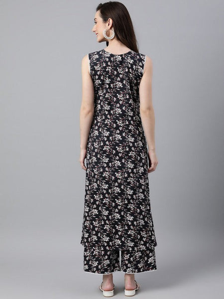 Women Black Cotton Floral Print Tunic With Palazzo Set VitansEthnics