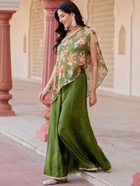 Women Floral Printed One Shoulder Top With Palazzo Indo Western Fusion Outfit VitansEthnics