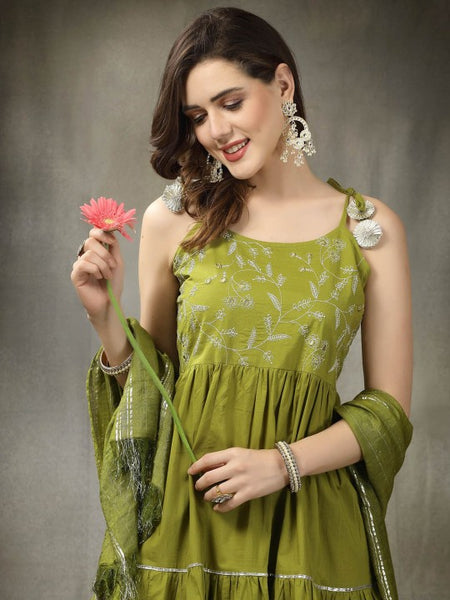 Women Embroidered Indian Maxi Ethnic Dress With Dupatta Indian Fusion Outfit