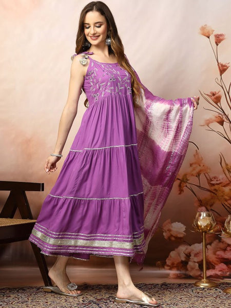 Women Embroidered Indian Maxi Ethnic Dress With Dupatta Indian Fusion Outfit
