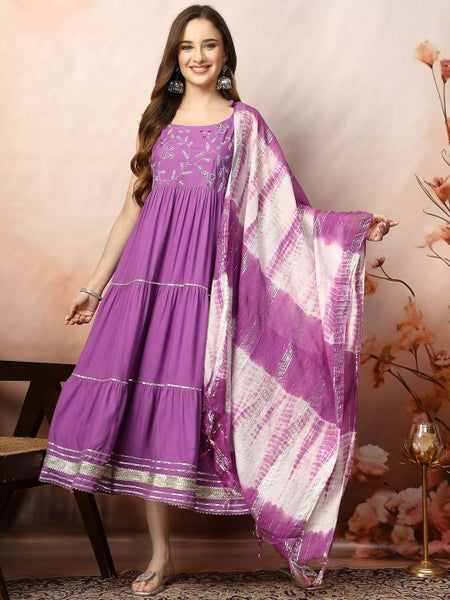 Women Embroidered Indian Maxi Ethnic Dress With Dupatta Indian Fusion Outfit