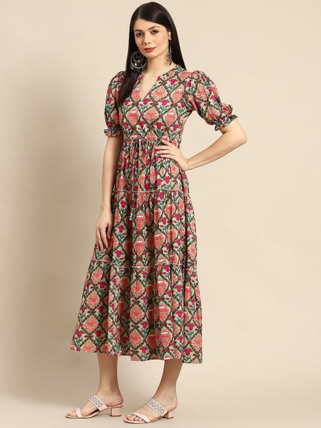 Women Indian Floral Printed Puff Sleeves Fit & Flare Tiered Ethnic Dress