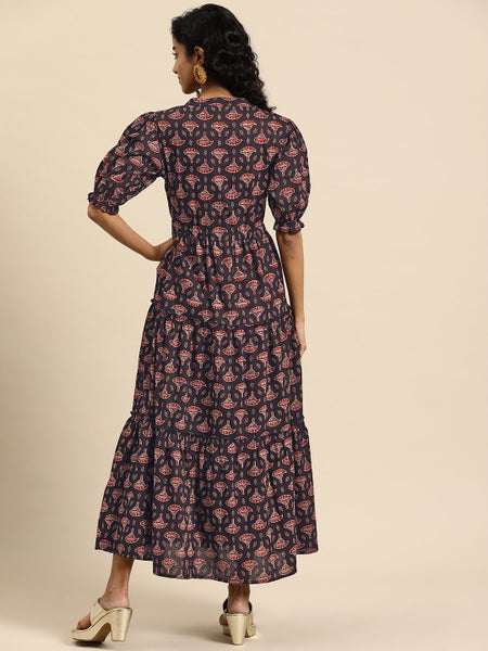 Women Indian Floral Printed Puff Sleeves Maxi Ethnic Dress