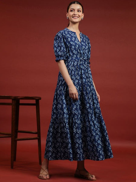 Women Indian Floral Printed Puff Sleeves Fit & Flare Ethnic Dress