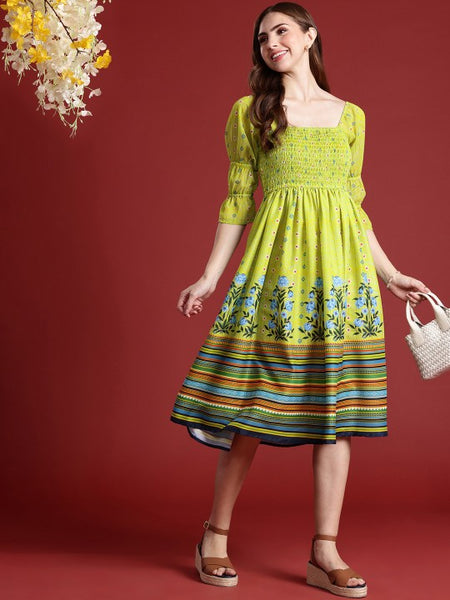 Women Indian Floral Printed Fit & Flared Smocked Indo Western Fusion Dress