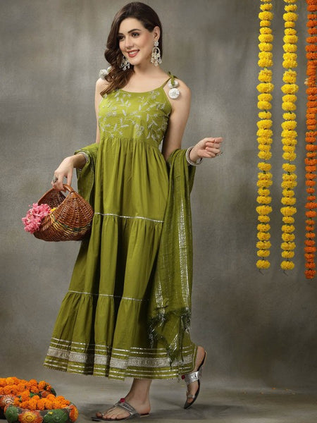 Women Embroidered Indian Maxi Ethnic Dress With Dupatta Indian Fusion Outfit