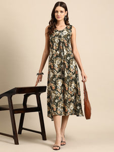 Women Indian Floral Printed Fit & Flare Midi Ethnic Indo Western Fusion Dress