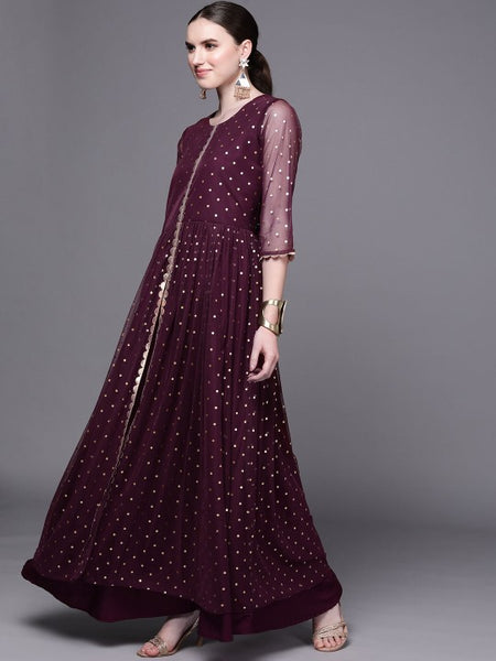 Women Indian Burgundy Polka Dots Fit & Flare Maxi Ethnic Dress