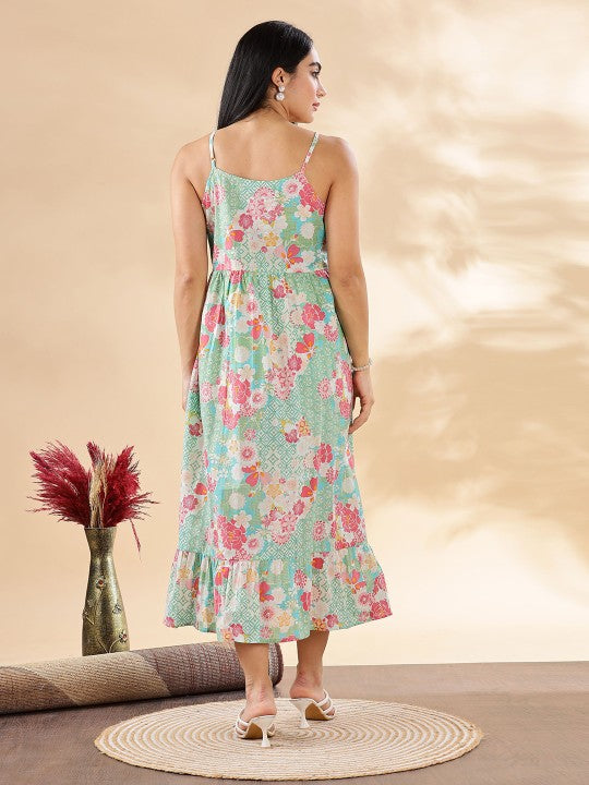 Women Indian Floral Printed Fit & Flare Maxi Ethnic Dress Xs / Green