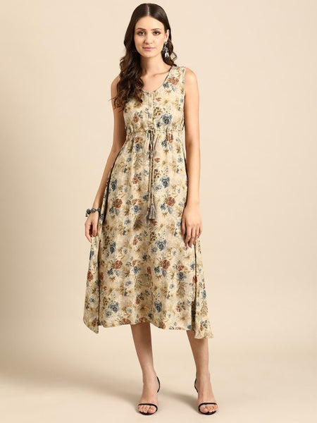 Women Indian Floral Printed Fit & Flare Midi Ethnic Indo Western Fusion Dress