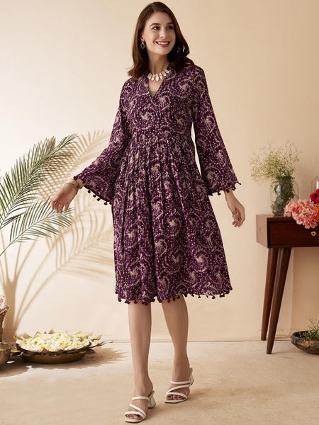 Women Indian Abstract Midi Tassel Ethnic Dress Indo Western Fusion Dress
