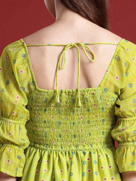 Women Indian Floral Printed Fit & Flared Smocked Indo Western Fusion Dress