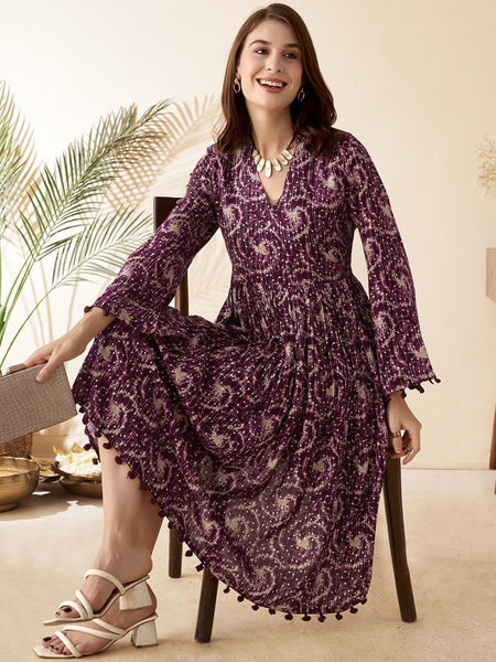 Women Indian Abstract Midi Tassel Ethnic Dress Indo Western Fusion Dress