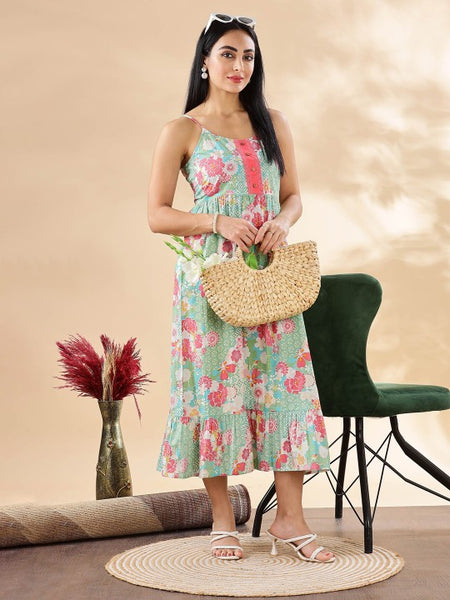 Women Indian Floral Printed Fit & Flare Maxi Ethnic Dress