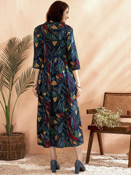 Women Indian Navy Blue Abstract Printed A-Line Ethnic Dresses