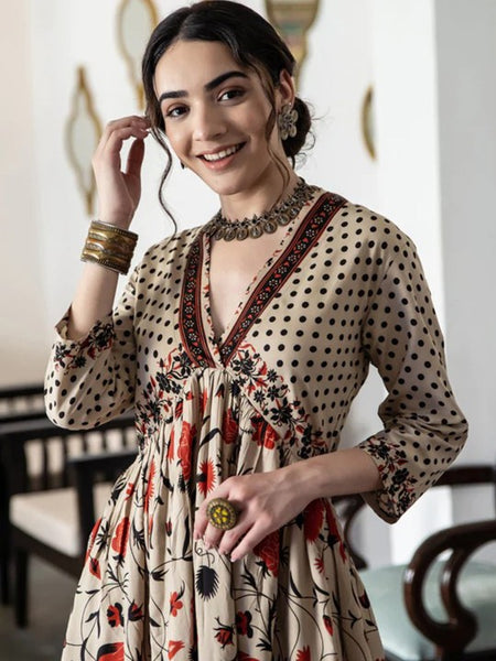 Women Floral Printed Beige & Orange A-Line Ethnic Dress