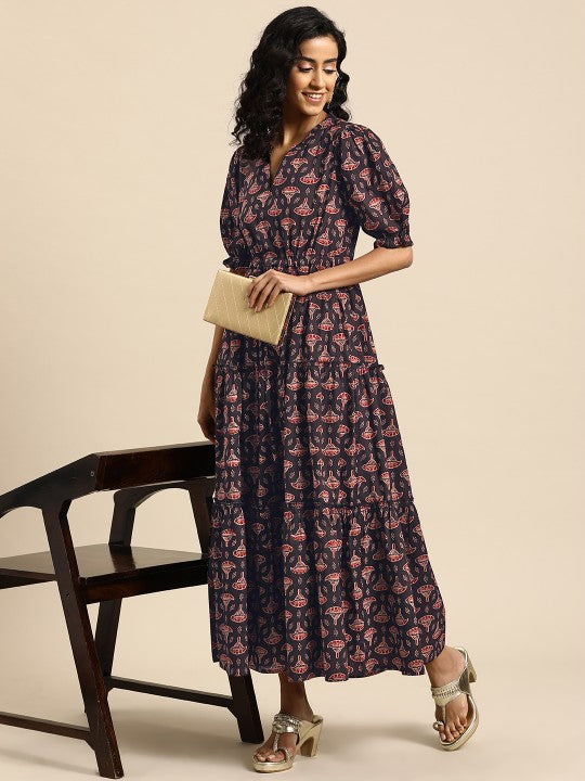 Women Indian Floral Printed Puff Sleeves Maxi Ethnic Dress