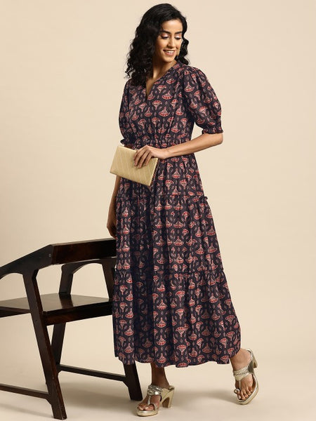 Women Indian Floral Printed Puff Sleeves Maxi Ethnic Dress
