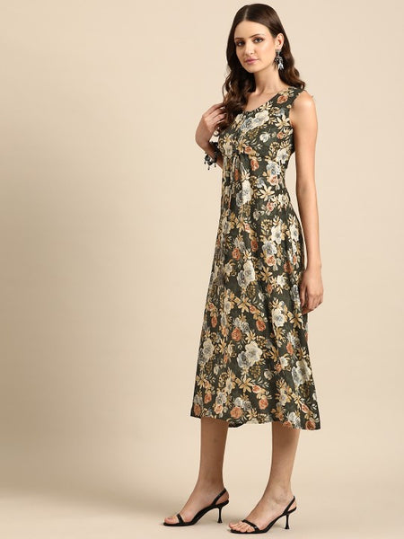 Women Indian Floral Printed Fit & Flare Midi Ethnic Indo Western Fusion Dress