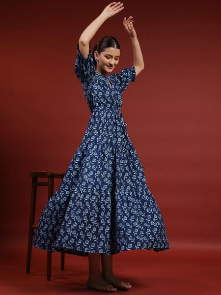 Women Indian Floral Printed Puff Sleeves Fit & Flare Ethnic Dress