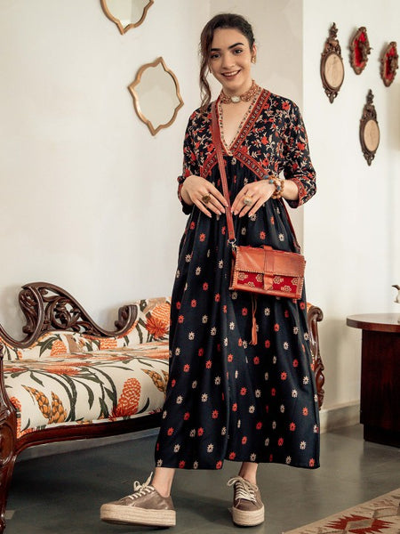 Women Floral Printed Black & Orange A-Line Ethnic Dress