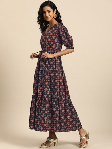 Women Indian Floral Printed Puff Sleeves Maxi Ethnic Dress