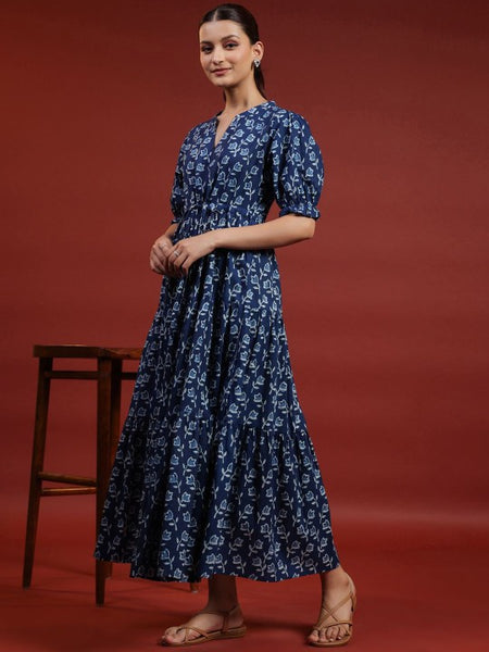 Women Indian Floral Printed Puff Sleeves Fit & Flare Ethnic Dress Blue / XXL Women Indian Floral Printed Puff Sleeves Fit & Flare Ethnic Dress Blue / XXL